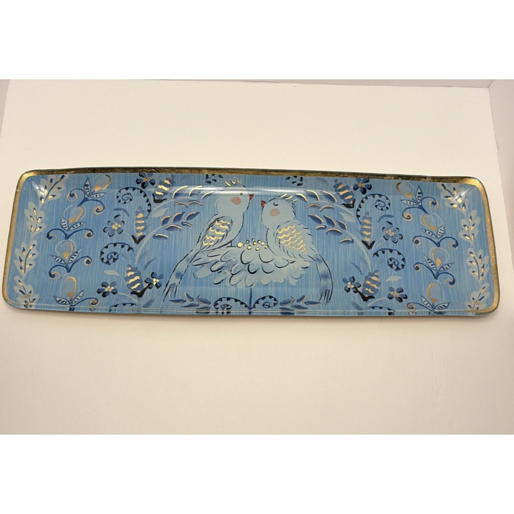 Pier 1 Vintage Blue‎ Gold Foil Art Glass Birds Oblong Serving Tray Dish Whimsy